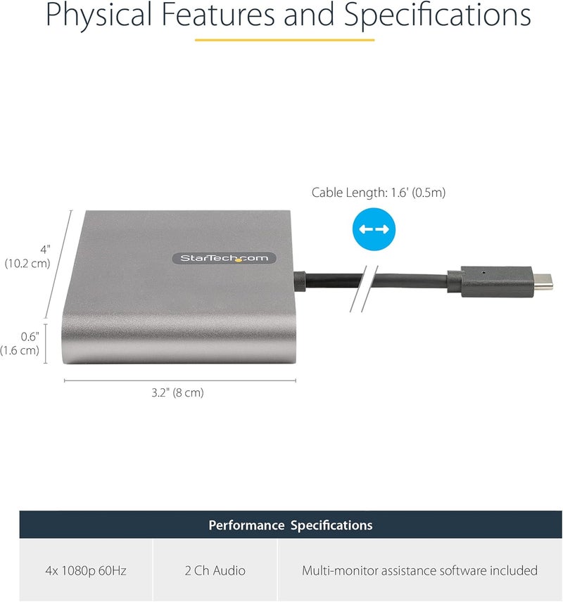 Star Tech .com USB C to Quad HDMI Adapter, USB-C to 4x HDMI Monitor Converter for Windows, TAA (no support for macOS/ChromeOS/Linux) - Image 3